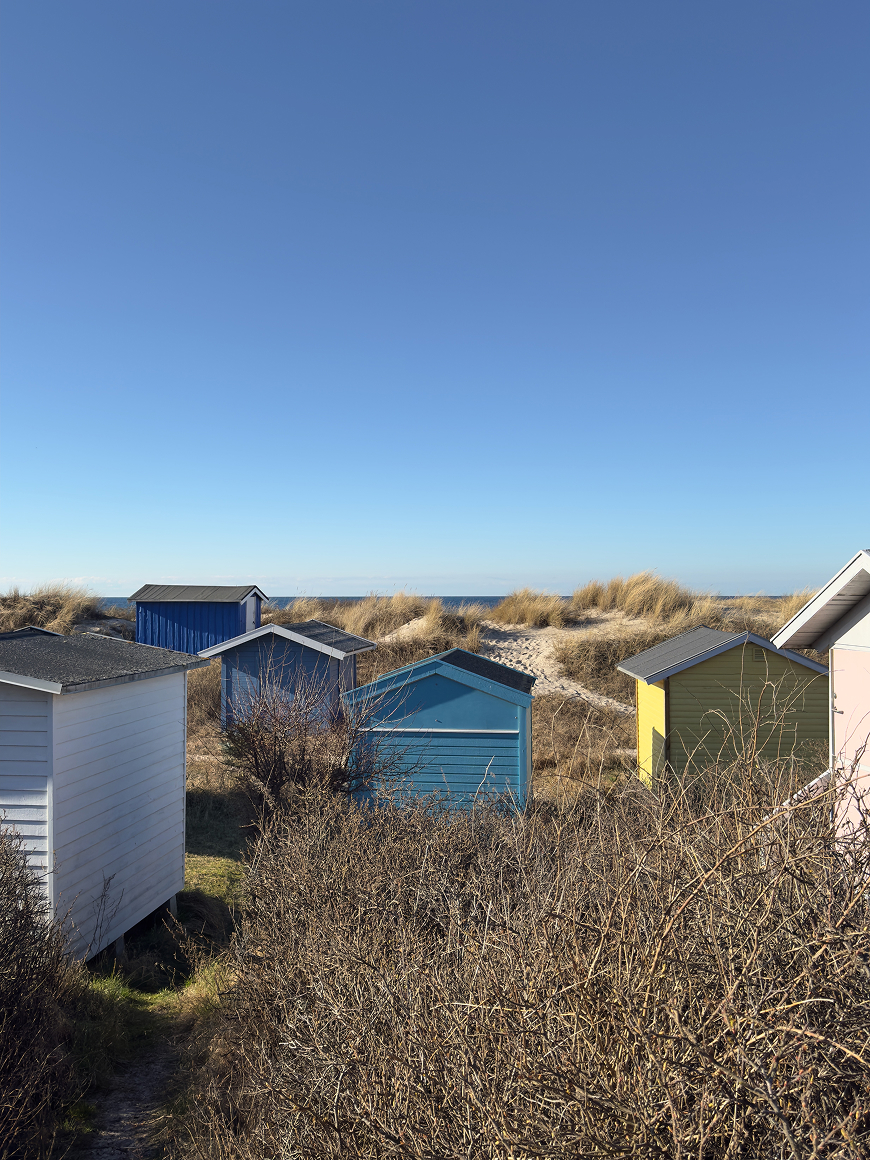 Strandhütten an der dänischen Nordküste auf Seeland erzeugen sogar im März ein gemütliches Gefühl von Sommer.